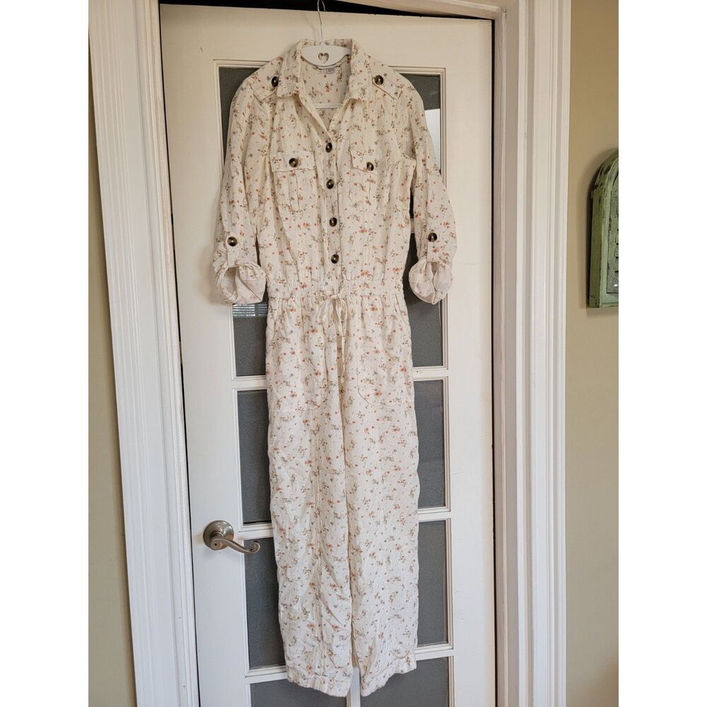 American Eagle Floral Button-Front Utility Jumpsuit Cotton Linen Extra Small XS